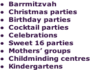 Barrmitzvah Christmas parties Birthday parties Cocktail parties Celebrations Sweet 16 parties Mothers’ groups Childminding centres Kindergartens