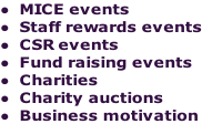 MICE events Staff rewards events CSR events Fund raising events Charities Charity auctions Business motivation